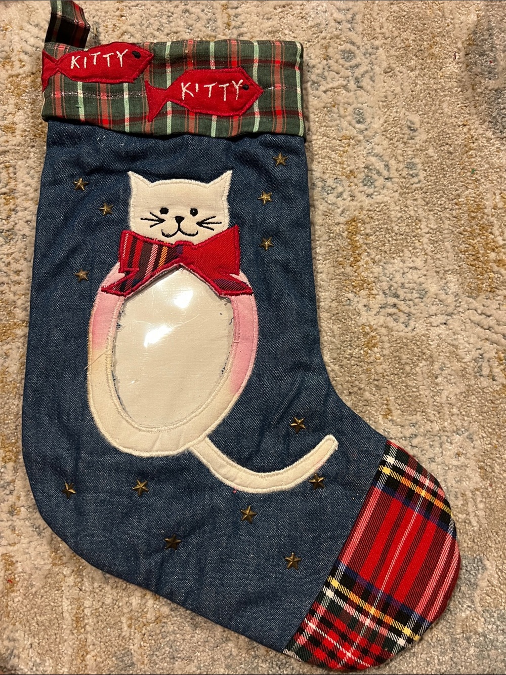 Kitty Cat Holiday Stocking - Blue Denim with Red Plaid Accents